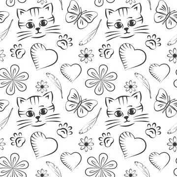 Seamless vector pattern with  kitten face and hearts Stock Illustration