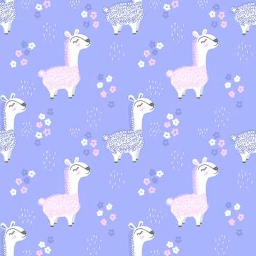 Seamless vector pattern with lamas on a lilac background. Hand drawn cute 스톡 일러스트