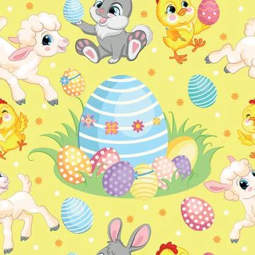 Seamless vector pattern lambs, bunnies and big easter egg Stock Illustration