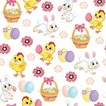 Seamless vector pattern lambs, bunnies and big easter egg 스톡 일러스트