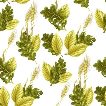 Seamless vector pattern with leaves and rye Stock Illustration