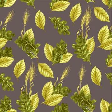 Seamless vector pattern with leaves and rye Stock Illustration
