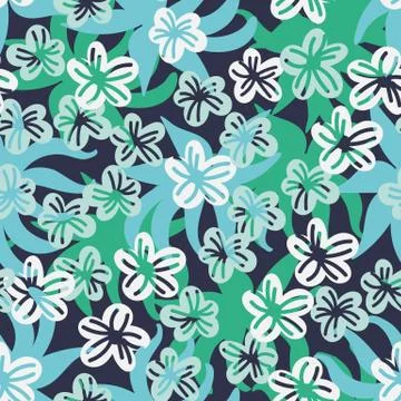 Seamless vector pattern with leaves and flowers in jade green colors Stock Illustration