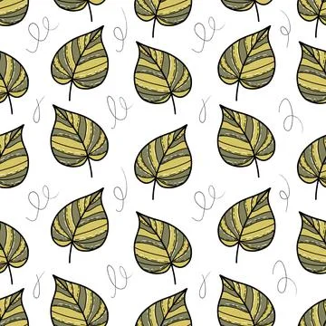 Seamless vector pattern with leaves and doodle on white background Stock Illustration