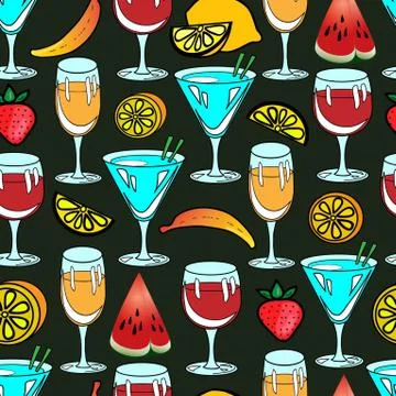 Seamless vector pattern with lemon and cocktail on the green background Illustrazione stock
