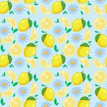 Seamless Vector Pattern with Lemons and Blue Flowers on Light Background Stock Illustration