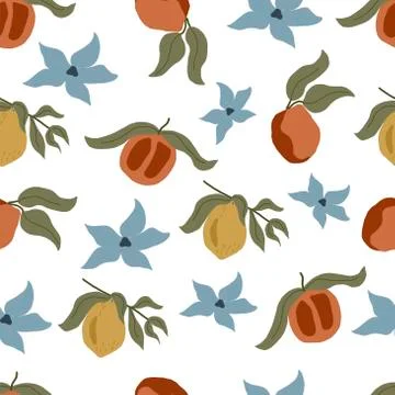 Seamless vector pattern with lemons, peaches and flowers on a white background Stock Illustration