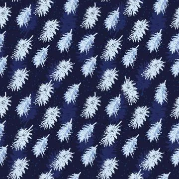 Seamless vector pattern with light blue feathers on dark indigo background Stock Illustration