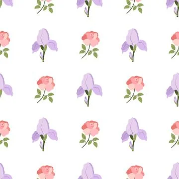 Seamless vector pattern with lilac iris and pink rose flowers. Illustrazione stock