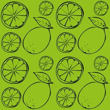 Seamless vector pattern of lime outline on green isolated background. Illustrazione stock