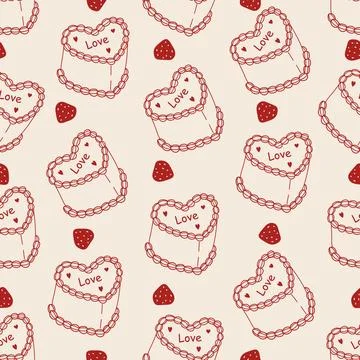 Seamless vector pattern with line art heart shaped bento cakes and strawber.. Stock Illustration