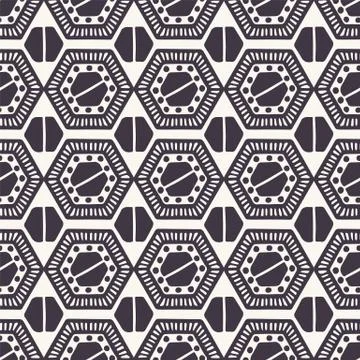 Seamless vector pattern. Linocut hexagonal quilt shapes. Repeating geometrical Stock Illustration