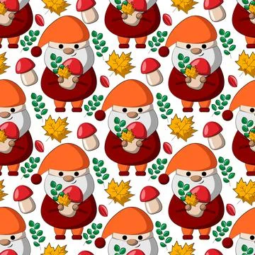 Seamless vector pattern with little autumns Gnomes with mushroom and leaf 库存插图