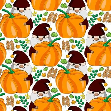 Seamless vector pattern with little autumns Gnomes with pumpkin and leaf Stock Illustration