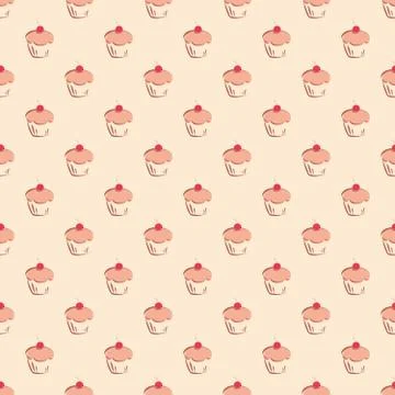 Seamless vector pattern with little cherry cupcakes on pastel background Stock Illustration
