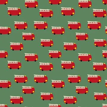 Seamless vector pattern with little red toy fire engines on a green background Stock Illustration