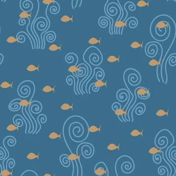 Seamless vector pattern with little yellow fish on a blue background Stock Illustration