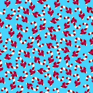 Seamless vector pattern of lollipops with a bow on a blue background. Stock Illustration