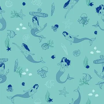 Seamless vector pattern with lovely beautiful mermaids and decorative sea ele イラスト素材