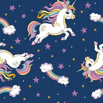 Seamless vector pattern with magic unicorns and stars on blue 스톡 일러스트