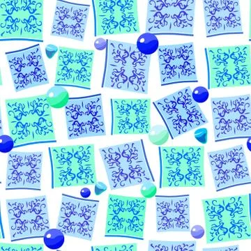 Seamless vector pattern with majolic tile elements and glass balls. Stock Illustration