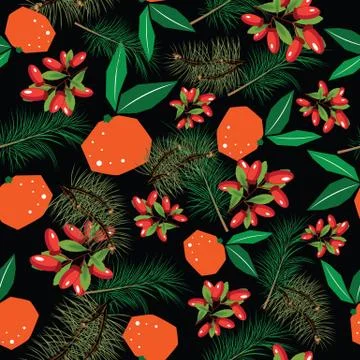 Seamless vector pattern of mandarines, barberries and fir tree branches 스톡 일러스트