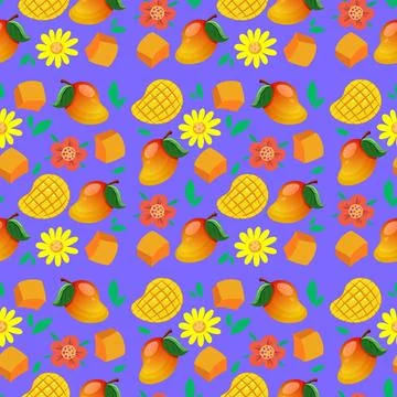 Seamless Vector Pattern with Mango Fruits and Tropical Flowers Illustrazione stock