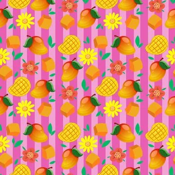 Seamless Vector Pattern with Mangoes and Flowers on Pink Stripes Stock Illustration