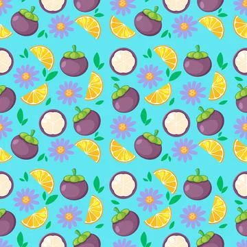 Seamless Vector Pattern with Mangosteen Fruit and Orange Slices 스톡 일러스트