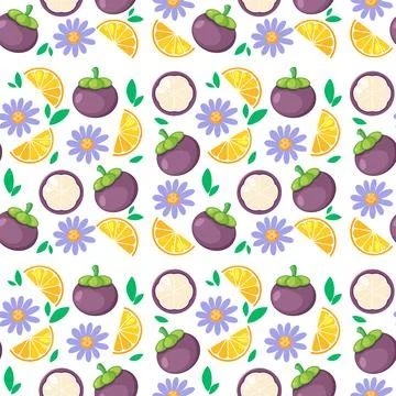 Seamless Vector Pattern with Mangosteen Orange Slices and Purple Flowers Stock Illustration