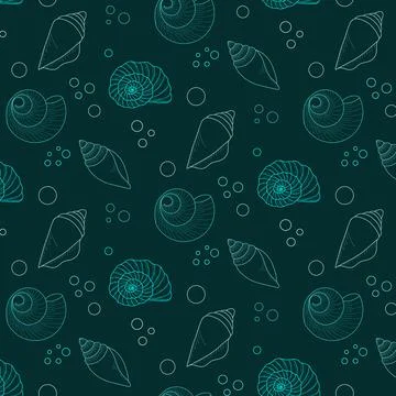 Seamless vector pattern on the marine theme. Various seashells with a blue l Stock Illustration