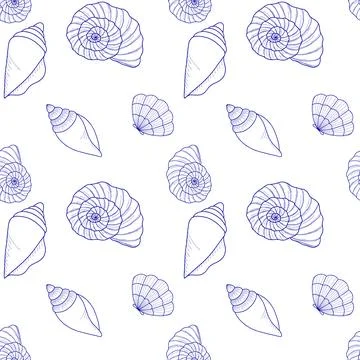 Seamless vector pattern on the marine theme. Various seashells with a blue l Stock Illustration