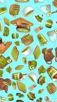 Seamless Vector Pattern of Matcha Green Tea Desserts and Tools Stock Illustration