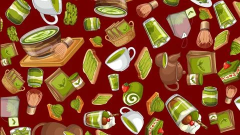 Seamless Vector Pattern with Matcha Green Tea Desserts and Traditional Tools Stock Illustration