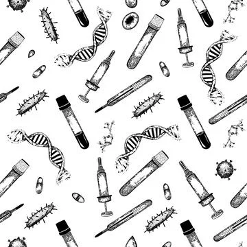 Seamless vector pattern with medical tools, virus cells, chemictry and other Stock Illustration