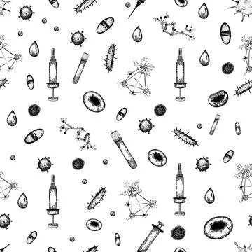 Seamless vector pattern with medical tools, virus cells, chemictry and other Stock Illustration