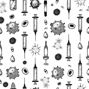 Seamless vector pattern with medical tools, virus cells, chemictry and other Stock Illustration