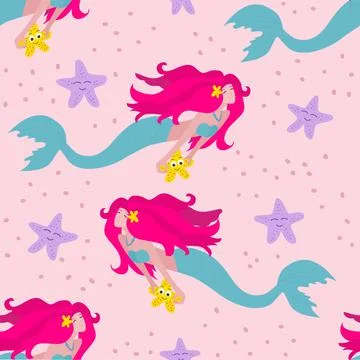 Seamless vector pattern with mermaids and starfish. Pattern pink for girls Ilustración de archivo