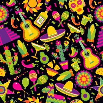 Seamless vector pattern with mexican elements - guitar, sombrero, tequila, taco Stock Illustration