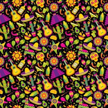 Seamless vector pattern with mexican elements - guitar, sombrero, tequila, taco Stock Illustration