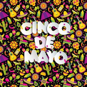 Seamless vector pattern with mexican elements - guitar, sombrero, tequila, taco Stock Illustration