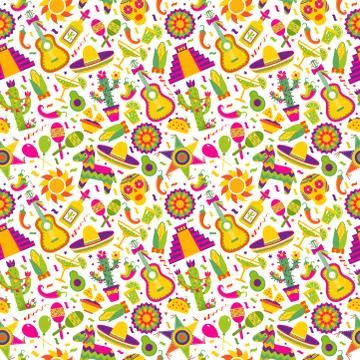Seamless vector pattern with mexican elements - guitar, sombrero, tequila, taco イラスト素材