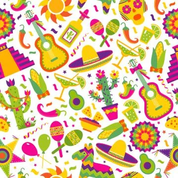 Seamless vector pattern with mexican elements - guitar, sombrero, tequila, taco 스톡 일러스트