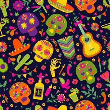 Seamless vector pattern with mexican elements - guitar, sombrero, tequila, taco 스톡 일러스트