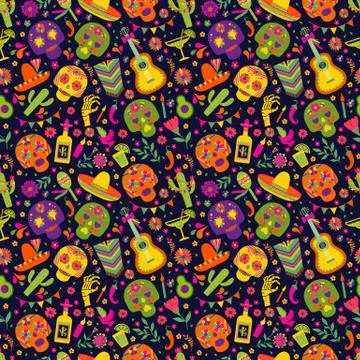 Seamless vector pattern with mexican elements - guitar, sombrero, tequila, taco イラスト素材