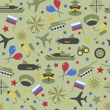Seamless vector pattern of military icons on a camouflage background. Wrapping Stock Illustration