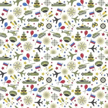 Seamless vector pattern of military icons on a white background. Wrapping paper Stock Illustration