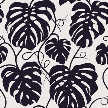 Seamless vector pattern of monochrome leaves Monstera. Stock Illustration