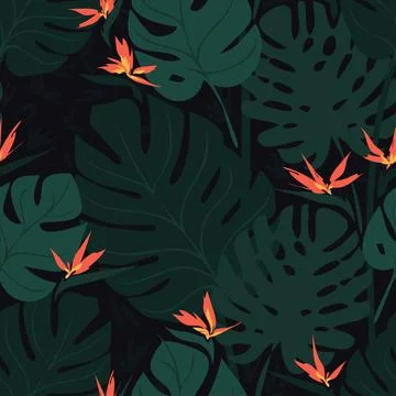 Seamless vector pattern with monster and strelitzia on dark background Stock Illustration