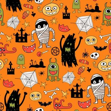 Seamless vector pattern with monster and pumpkin, web, sweet candy Stock Illustration